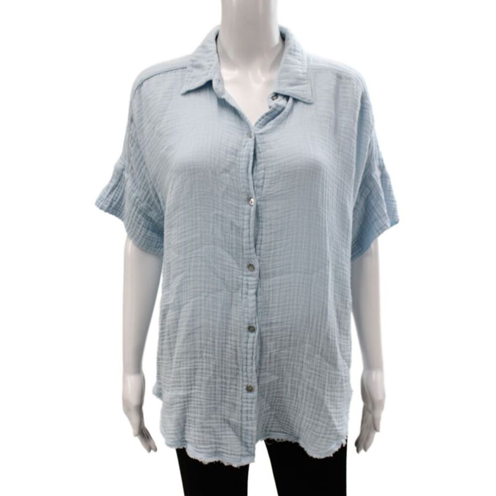 Michael Stars Women Basic Button-Up Collared Cotton Short Sleeve Blue Size L
